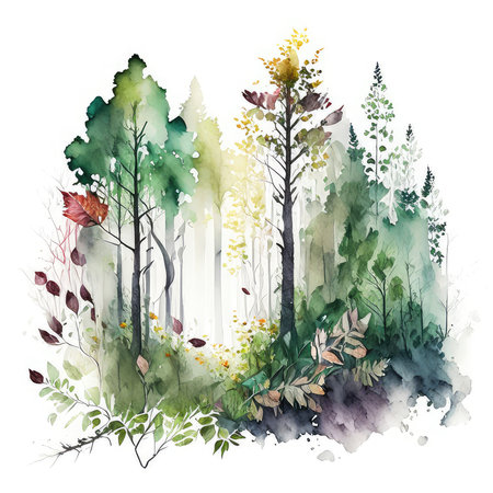 Watercolor autumn forest with trees and leaves. Hand drawn illustration.の素材