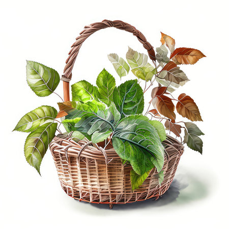 Wicker basket full of green leaves. Realistic vector illustration.の素材
