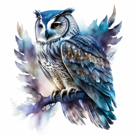 Watercolor illustration of an owl on a branch with feathers. Isolated on white background.の素材