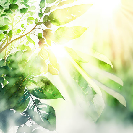 Green leaves with sun rays and bokeh effect. Nature background.の素材