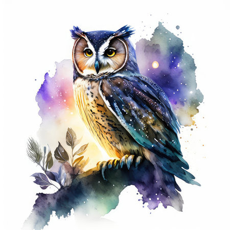 Watercolor owl on the background of the starry sky. Illustrationの素材