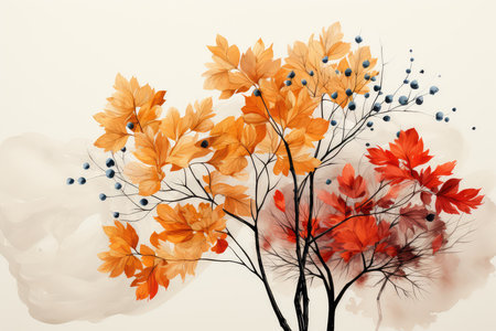 Autumn tree with leaves and berries. Watercolor painting style.の素材