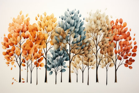 Autumn trees with colorful leaves and branches. Watercolor illustration.の素材