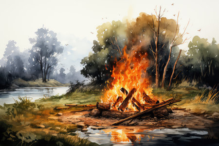 Watercolor painting of a bonfire in the forest during the summerの素材