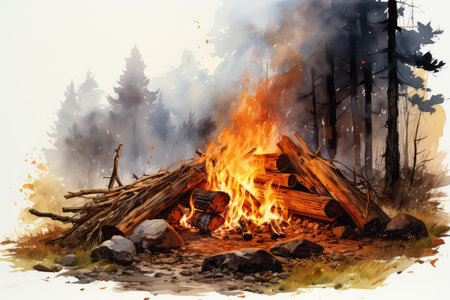 Camping fire in the forest. Digital watercolor painting illustration.の素材