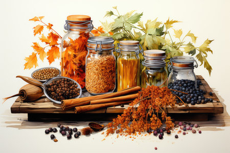 Autumn still life with spices and dried fruits on a white backgroundの素材