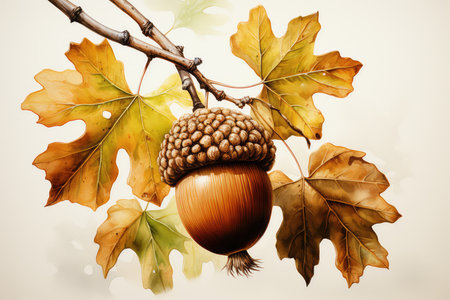 Autumn background with acorns and oak leaves. 3D illustrationの素材