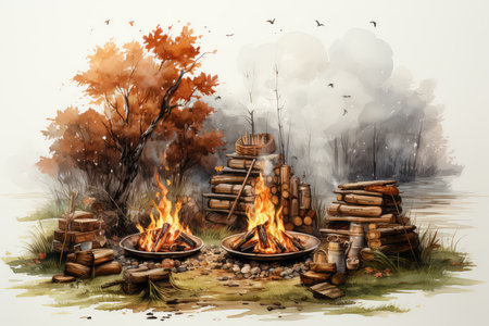 Bonfire in the forest, watercolor painting, vector illustration.の素材