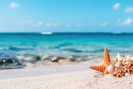 Seashells and starfish on the sandy beach near the seaの素材