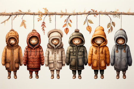 A group of children in winter clothes hanging on a branch. Autumn concept.の素材