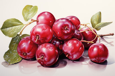 Ripe cherries with leaves on a white background. Vintage style.の素材