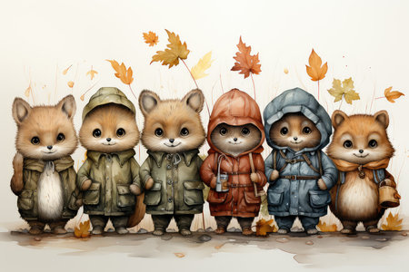 Group of children in winter clothes in the autumn park. Vector illustration.の素材