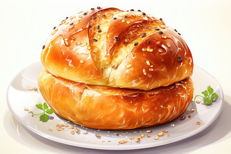 Bun with sesame seeds on a plate on a white backgroundの素材