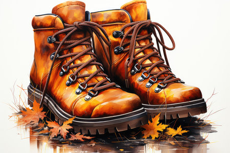Winter boots on a background of autumn leaves. 3D illustration.の素材