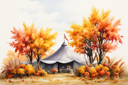 Pumpkin autumn background with a tent and autumn leaves. Digital painting.の素材