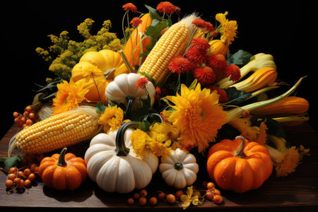 Autumn still life with pumpkins and corn on a black backgroundの素材