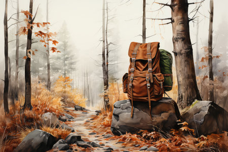 Hiking in the autumn forest with a backpack on the rocks.の素材