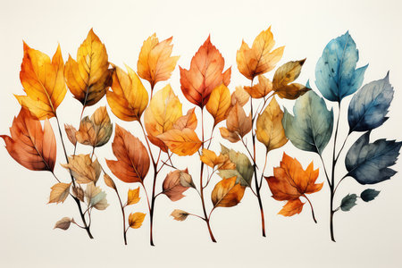 Autumn leaves on white background. Watercolor hand drawn illustration.の素材