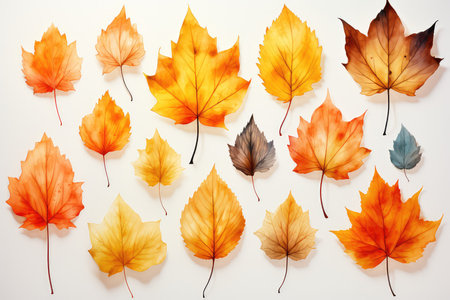 Colorful autumn leaves on white background. Flat lay, top viewの素材