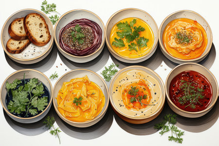 Bowls with different types of soups on a white backgroundの素材