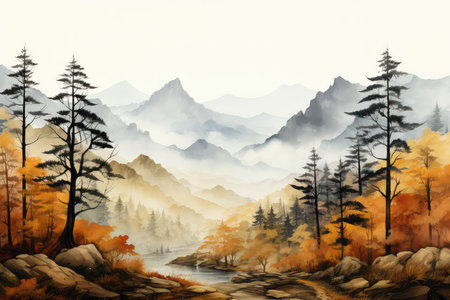 Foggy autumn landscape with mountains and river. Digital painting.の素材