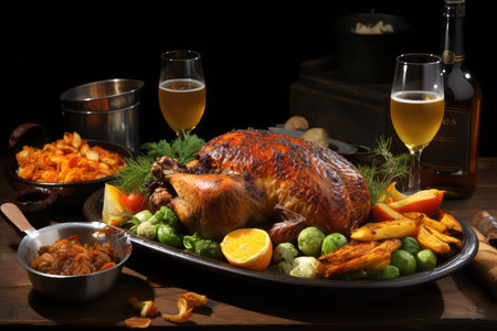 roasted turkey with vegetables and beer on a wooden table, horizontalの素材