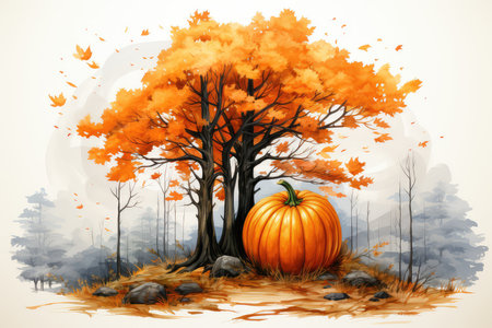 Autumn landscape with pumpkin in the forest, vector illustration for your designの素材