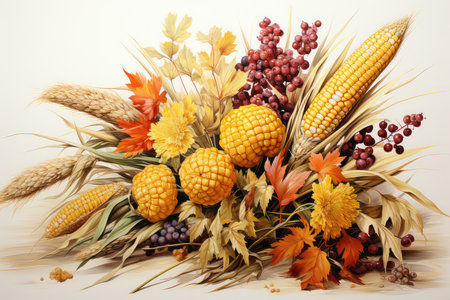 bouquet of autumn leaves and corn on the white background.の素材