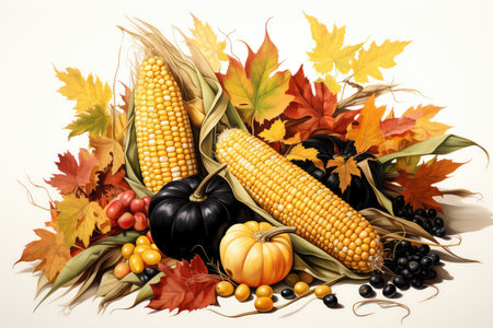 Autumn still life with corn, leaves and berries on white backgroundの素材