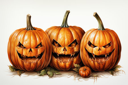 Halloween pumpkins with scary faces and autumn leaves. Vector illustration.の素材