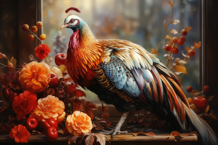 Beautiful colorful pheasant on wooden window sill with autumn flowersの素材
