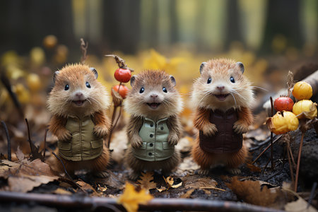 Cute hedgehogs in the autumn forest. Fantasy animals.の素材