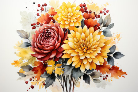 Autumn bouquet with dahlias and leaves on white backgroundの素材