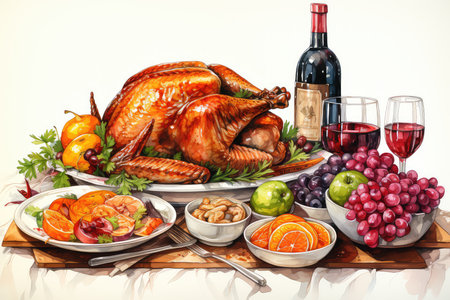 Thanksgiving dinner with roasted turkey, apples, cranberries and wineの素材