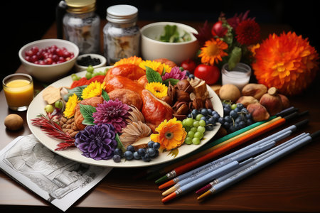Thanksgiving dinner table with turkey and autumnal decoration on wooden tableの素材