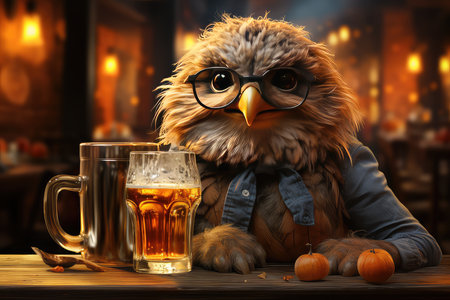 Funny owl with beer and pumpkin. Halloween theme. 3d renderingの素材