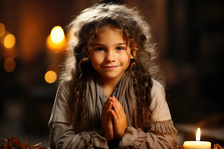 Cute little girl with burning candle in room decorated for halloweenの素材
