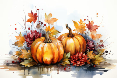 Watercolor painting of pumpkins and autumn leaves on white background.の素材