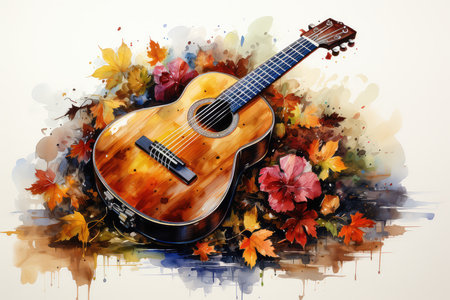 Acoustic guitar on abstract watercolor background. Acoustic guitar with colorful autumn leavesの素材