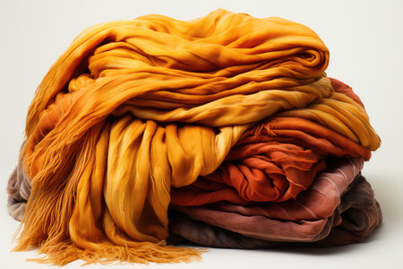 Heap of multicolored woolen scarves on white backgroundの素材