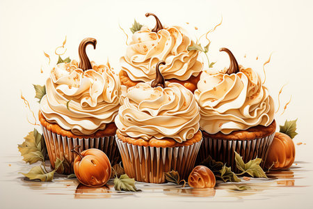 Halloween cupcakes with whipped cream and pumpkins on white backgroundの素材