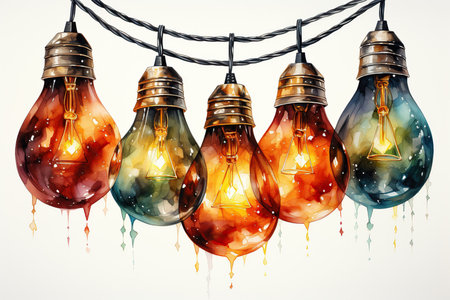 Colorful vintage light bulbs hanging on a rope. Realistic vector illustration.の素材