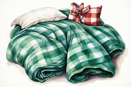 Bed with a checkered blanket and a gift on a white backgroundの素材
