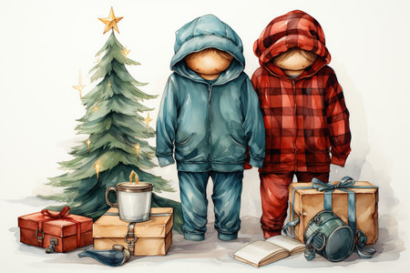 Cute little boy and girl in warm clothes with Christmas tree and giftsの素材