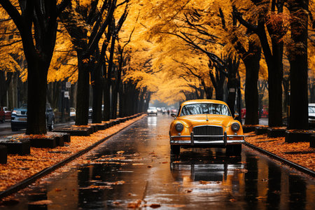 Yellow retro car on a rainy day in the city. Yellow autumn trees.の素材
