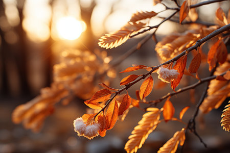 Autumn leaves on a tree branch in the rays of the setting sunの素材