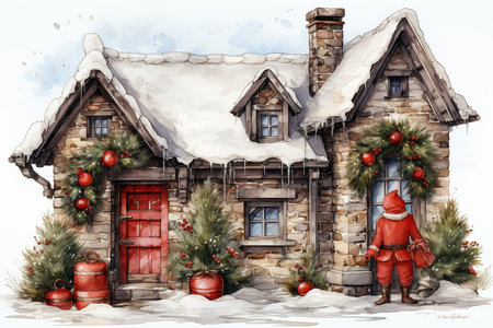 Watercolor illustration of a house decorated for Christmas and New Year.の素材