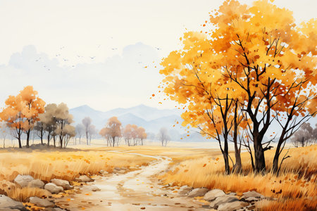 Autumn landscape with yellow trees and road. Digital watercolor paintingの素材
