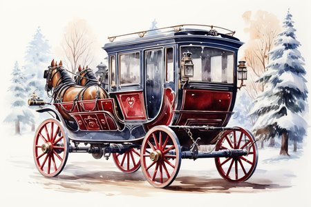 Vintage horse drawn carriage in winter park. Watercolor illustration.の素材