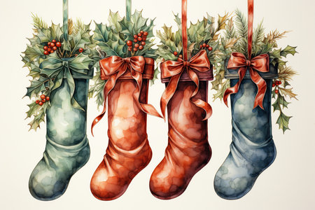 Christmas socks decorated with holly and mistletoe. Watercolor illustration.の素材